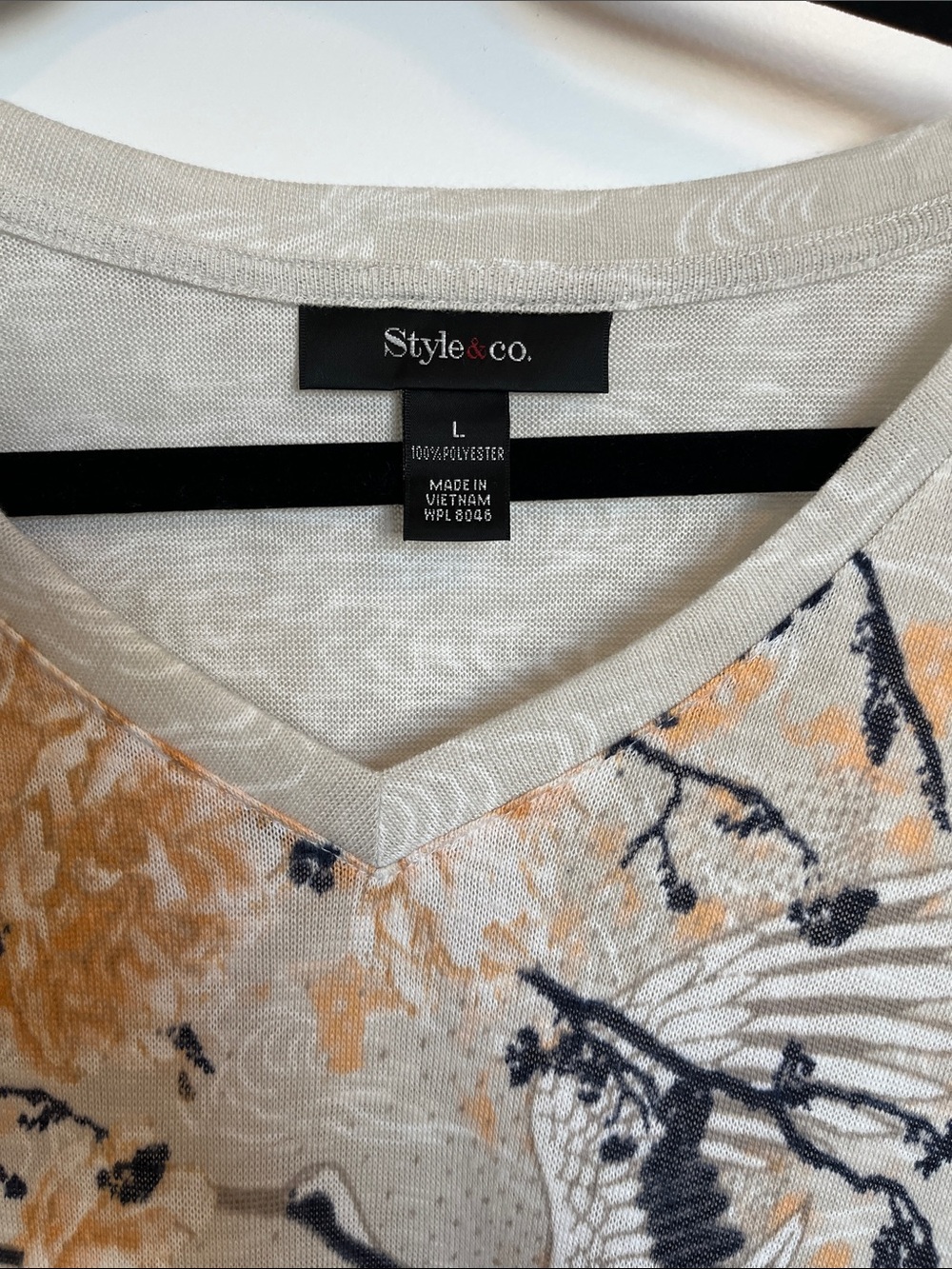Style & Co. Beige Floral & Crane V-Neck Tunic with Navy Accents - Picture 2 of 9
